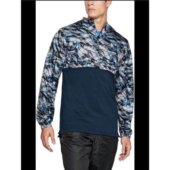 Under Armour Jacket Mens Medium Fitted Blue Camouflage Windbreaker 1/2 Zip Hoode - Picture 1 of 9